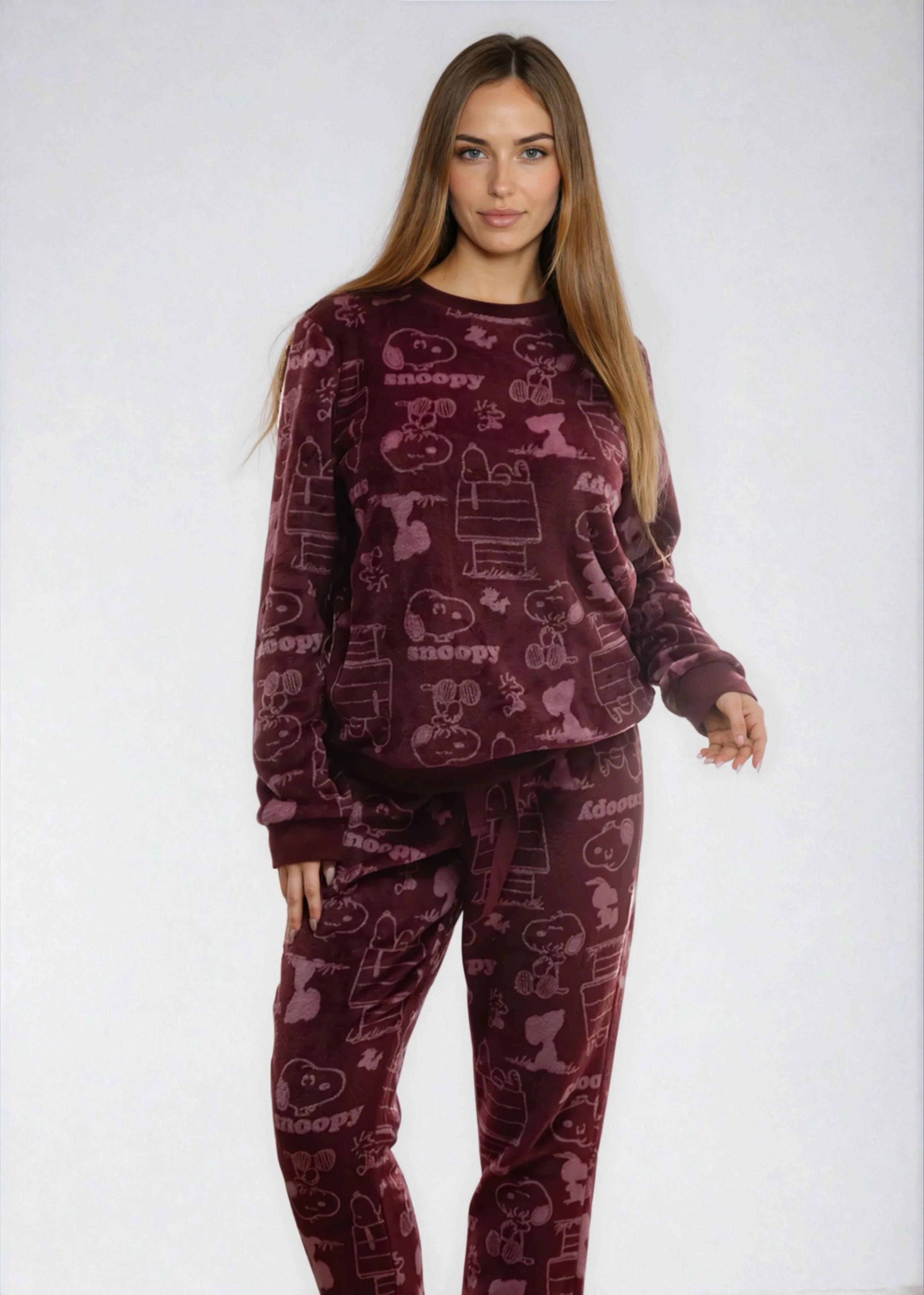 פיג'מה נשים פלנל פליז ניקי SNOOPY בורדו אופק חול ים