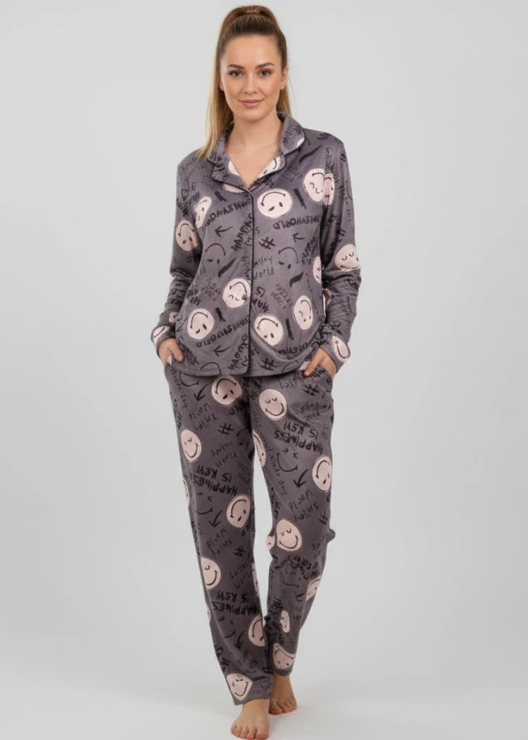 פיג'מה נשים סופטי כפתורים SMILEY שזיף אופק חול ים