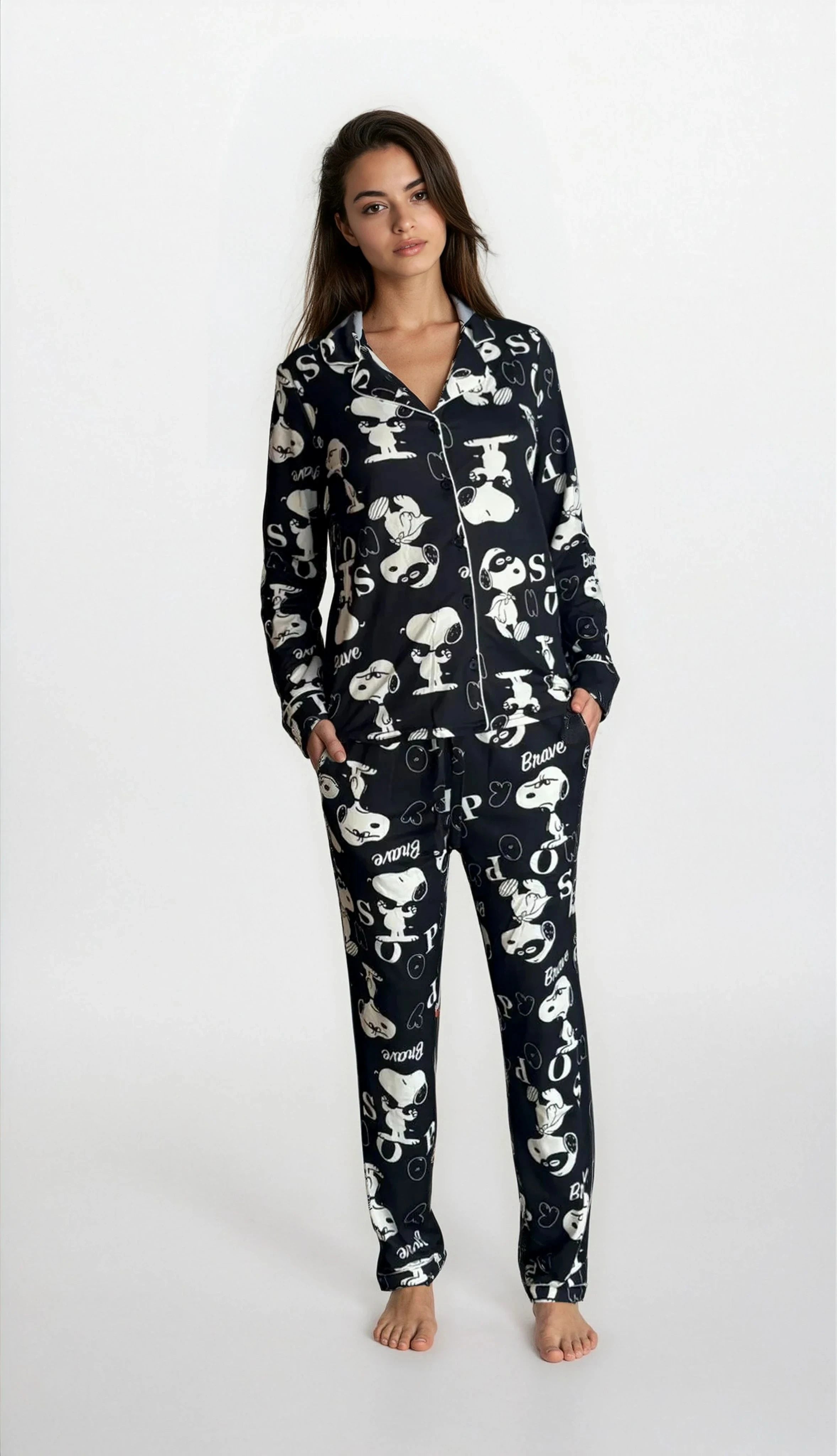 פיג'מה נשים יאמי כפתורים SNOOPY שחור אופק חול ים